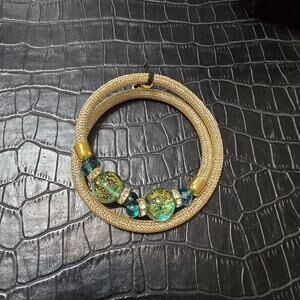 Vintage Stauer Murano Gold Mesh Wrap Bracelet Teal Glass Beads Signed Italy